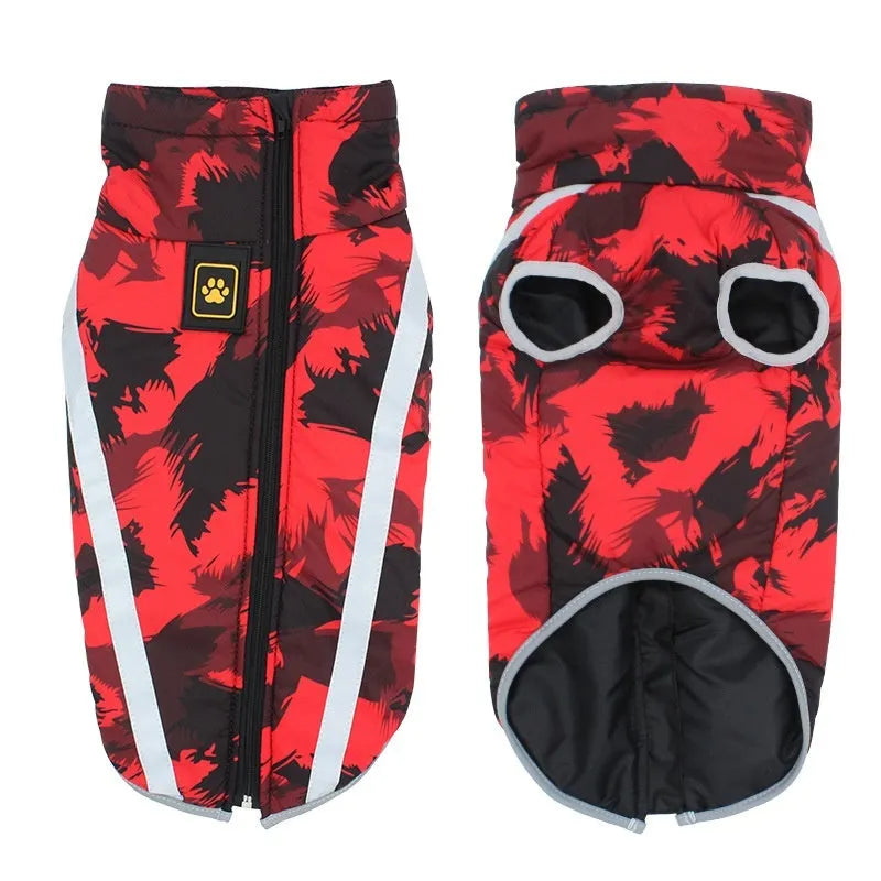Reflective thick-shell dog jacket in geometric blue, graffiti black and white, or graffiti red patterns for XL to 6XL sizes