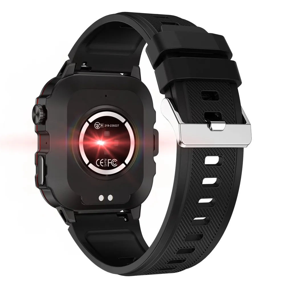 QX11 smart Bluetooth watch in black with TFT screen showing heart rate data on a leather strap.