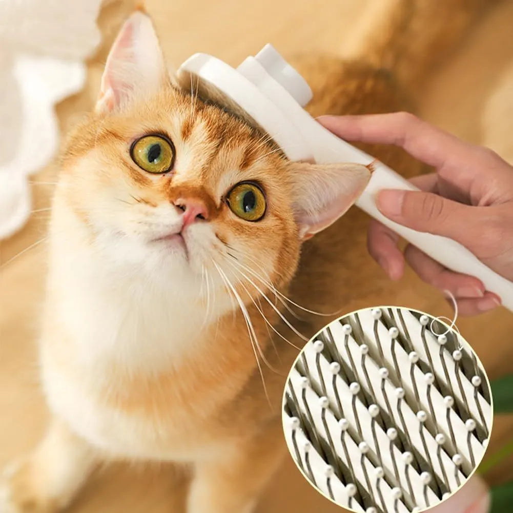 Blue self-cleaning cat and dog brush with rubber handle and retractable pins