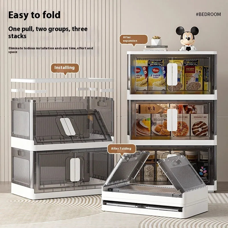 Foldable polypropylene storage locker with wheels in white or grey, showing single door design