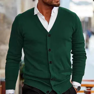 Men's slim fit acrylic cardigan sweater in a choice of seven colours including beige, black, grey, wine red, and green.