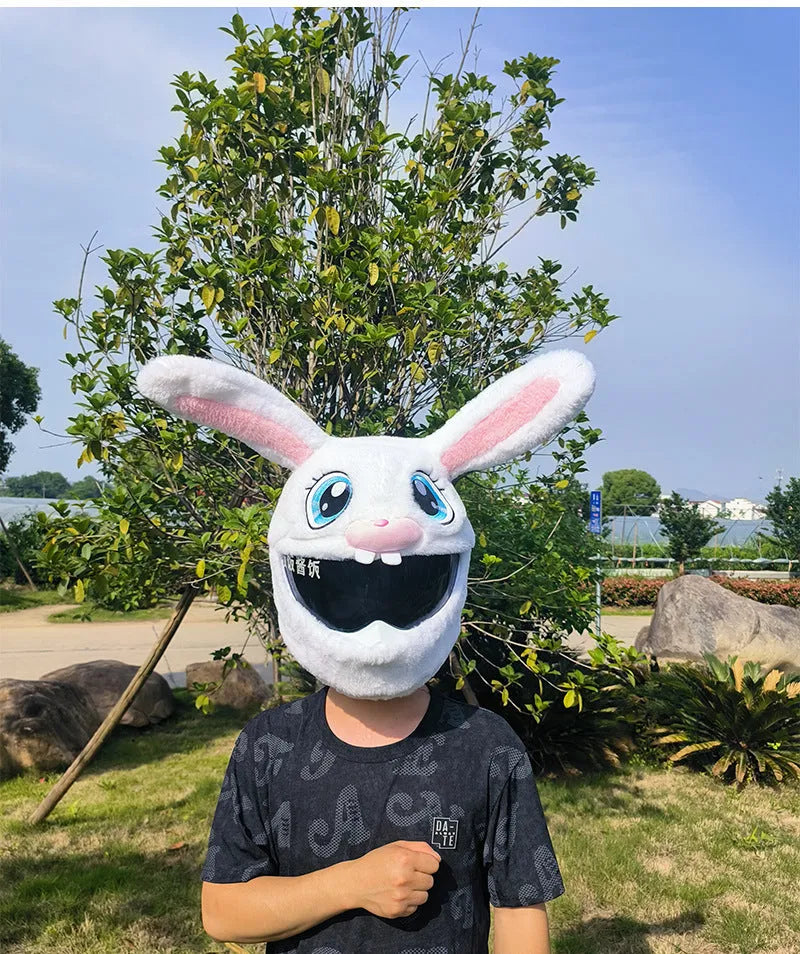 White rabbit head decorative cover for electric motorcycle helmet with long ears and plush PP cotton material