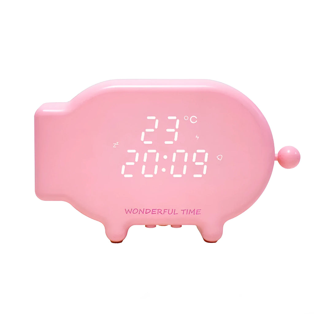 Blue LED alarm clock with USB charging port and temperature display on bedside table
