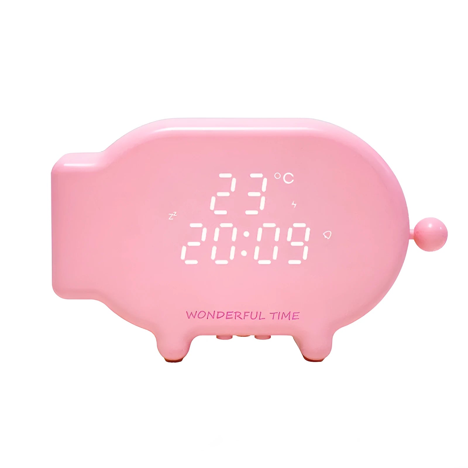 Blue LED alarm clock with USB charging port and temperature display on bedside table