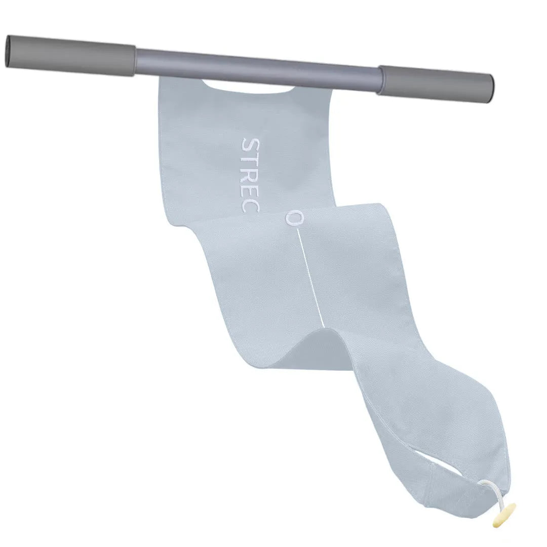 Grey and pink multi-function yoga stretching tool for shoulder, back and hip exercises.