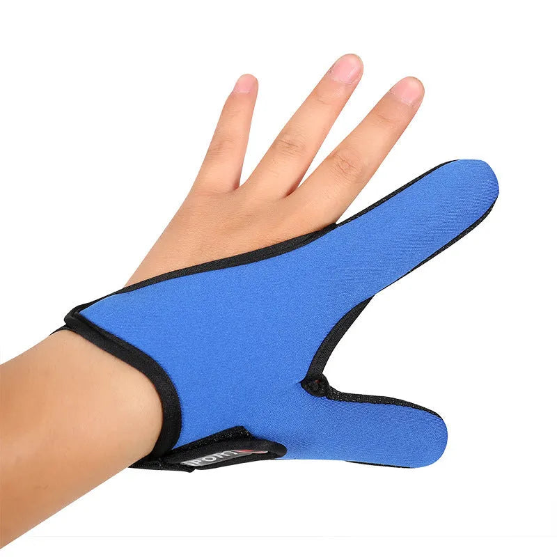 Two-finger fishing tackle glove in black colour, showing diving cloth back and microfiber palm material.