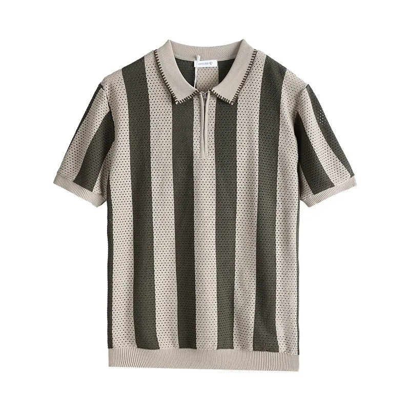 Men's striped short sleeve ice silk viscose sweater with zipper decoration