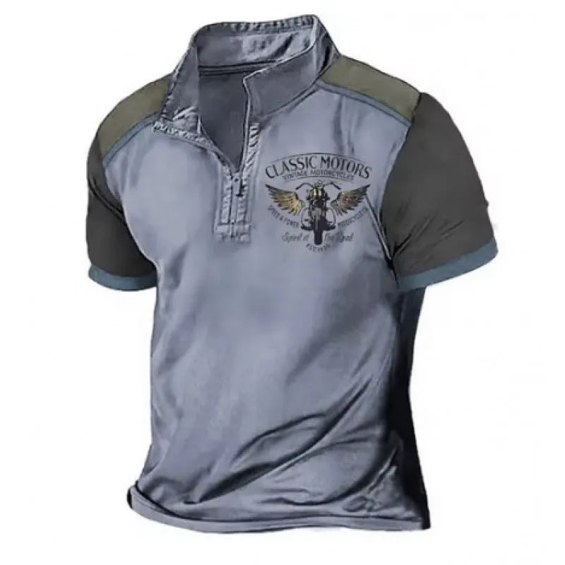 Golf polo shirt with 3D printed pattern on blue bird eye cloth fabric, shown in a loose fit.