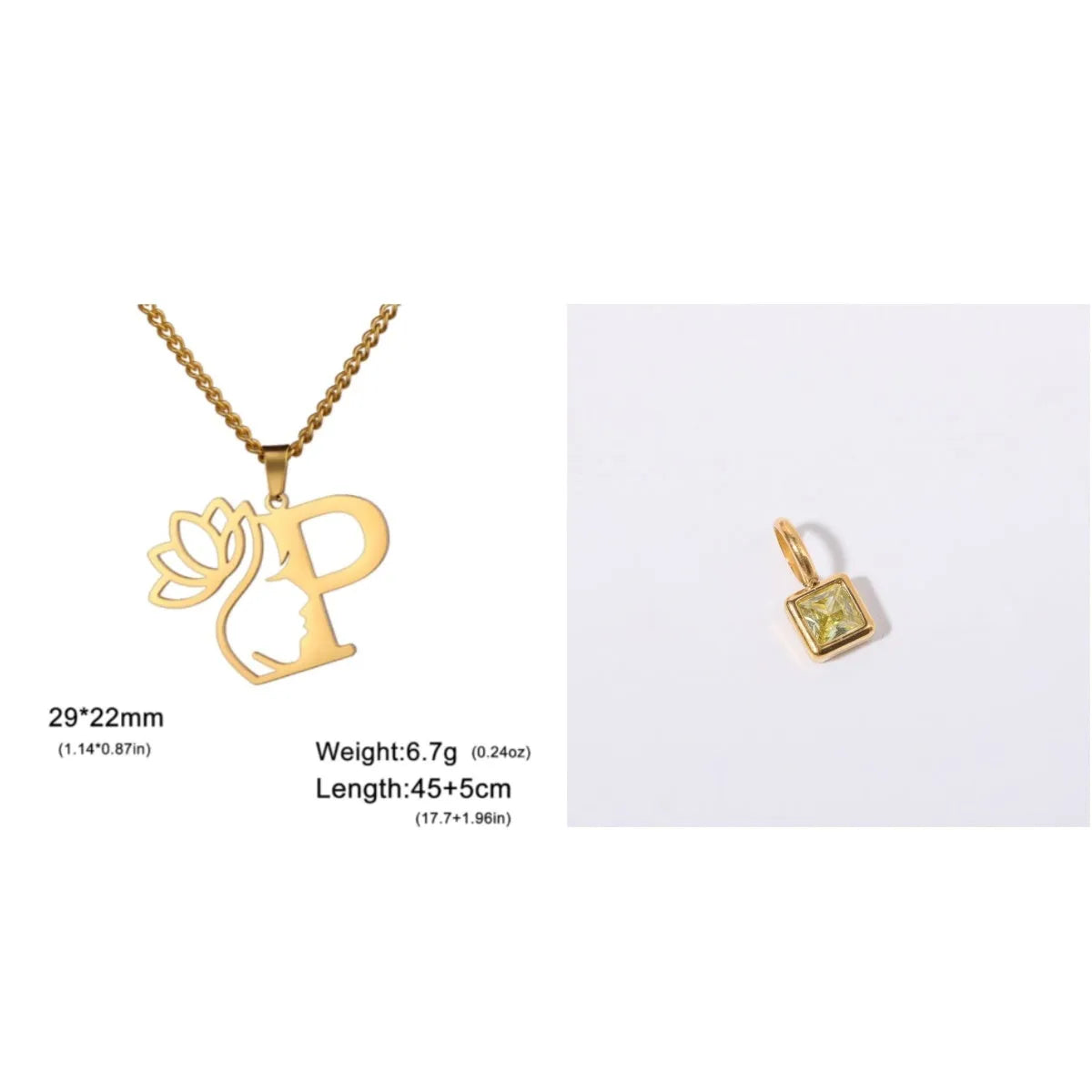 Stainless steel necklace with cross chain and a single initial letter pendant in gold tone.