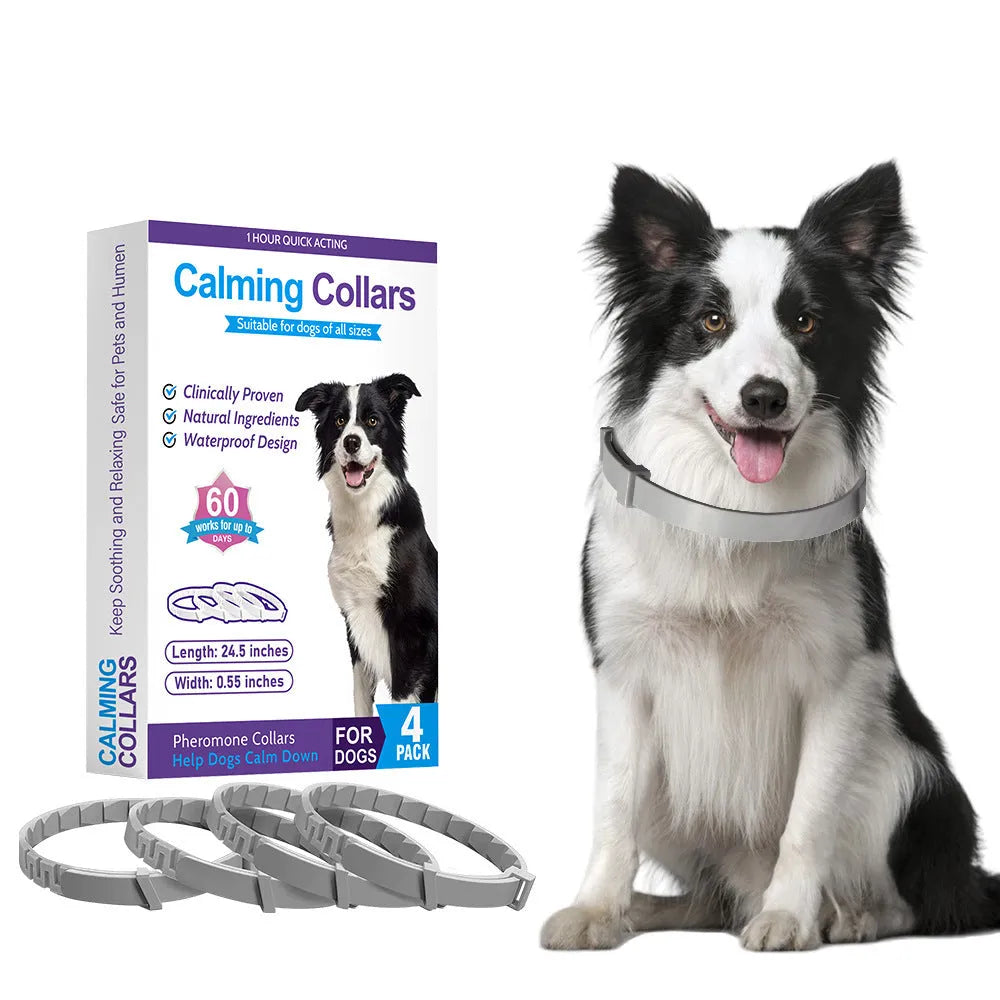 Four dog anxiety relief collars in different colours with monochrome Chinese style pattern