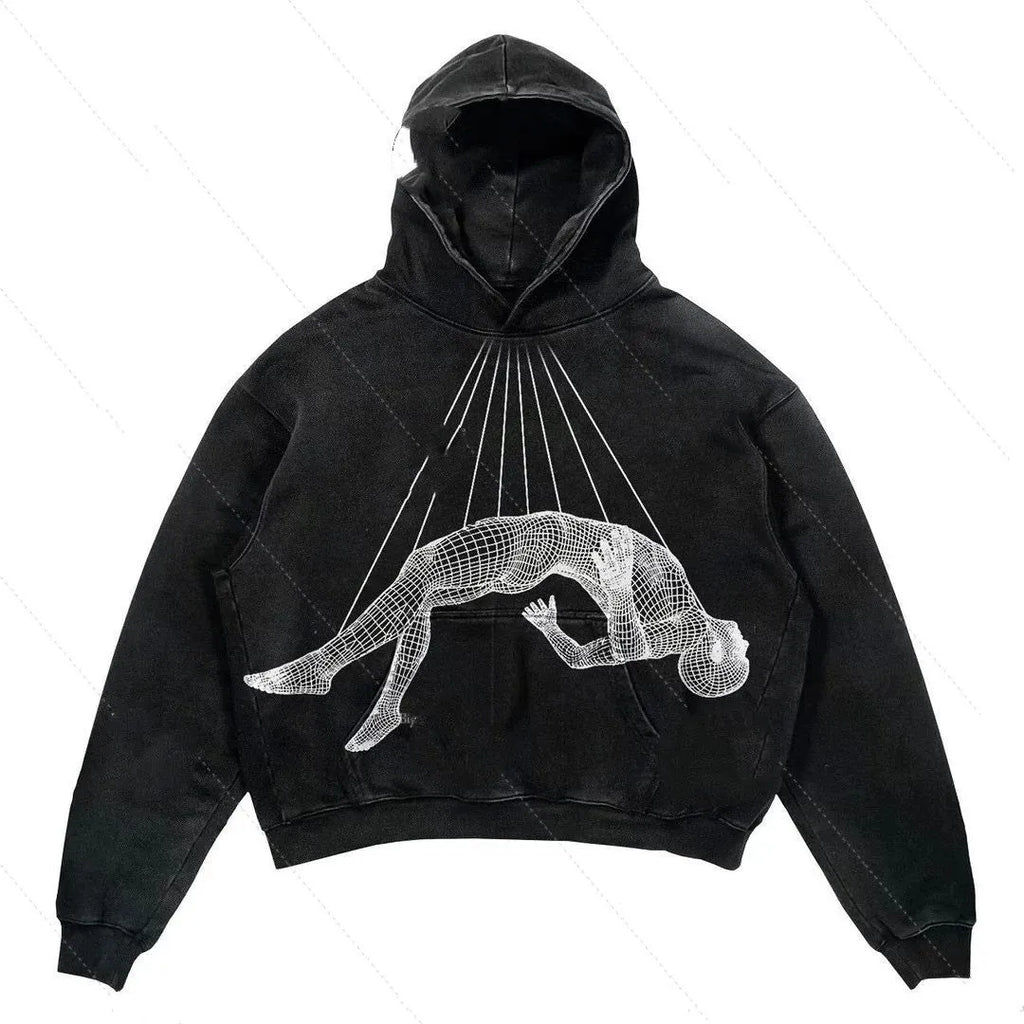 Men's black skull print pullover with round neck and long sleeves on white background