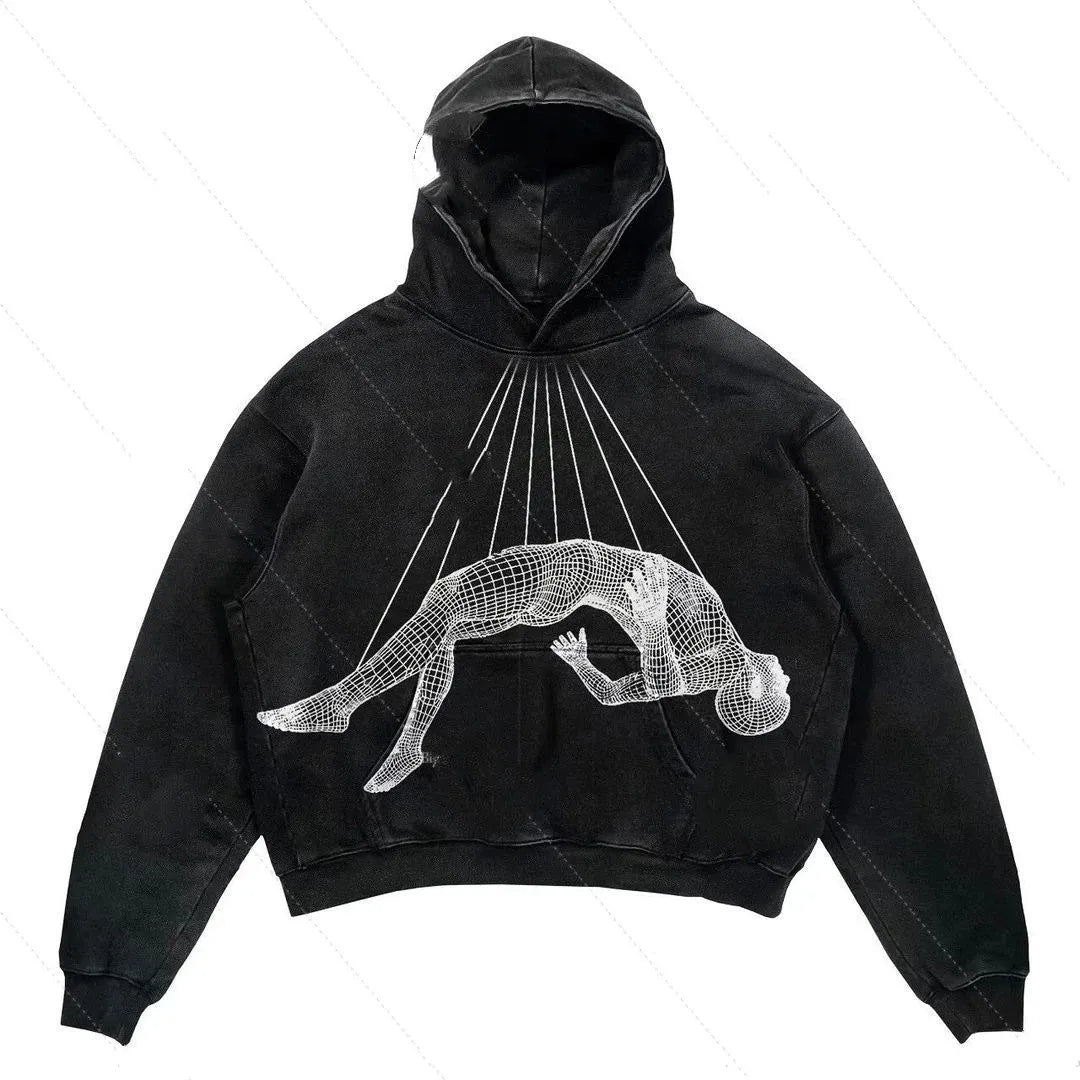 Men's black skull print pullover with round neck and long sleeves on white background
