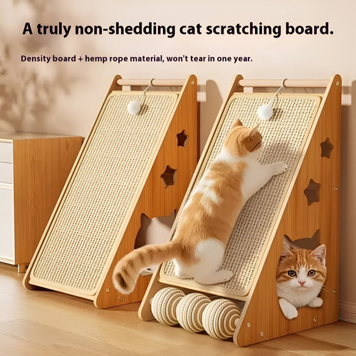 Vertical cat scratch board with hemp rope and sisal surface, wall-mounted design