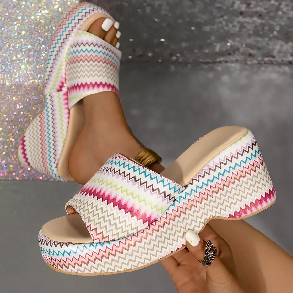 Women's beige wedge sandals with colourful wave print, thick rubber sole, and fish mouth open toe