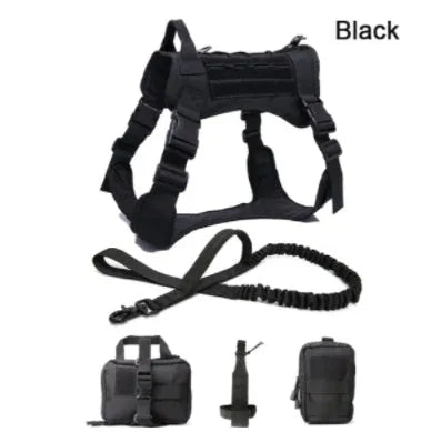 Tactical nylon dog vest with adjustable straps in army green on outdoor backdrop