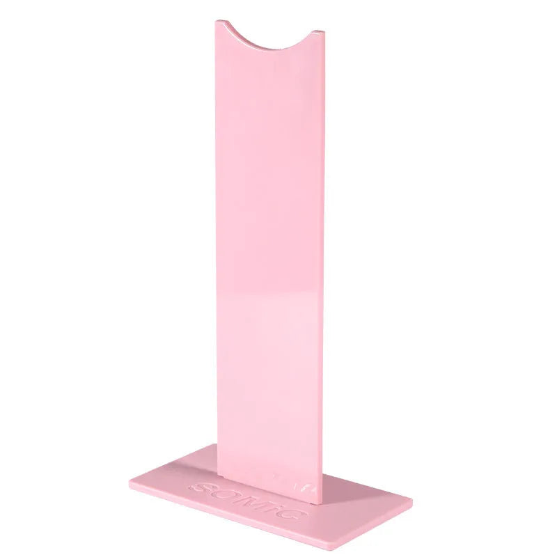 Pink and black detachable plastic headset bracket with silicone base, dimensions 14x7.5x25.5cm.