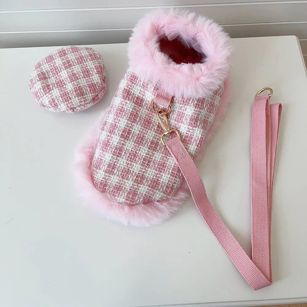 Pink cat clothing set with beret and cape for pet costume wear