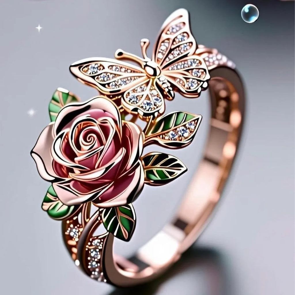 Adjustable butterfly ring with colourful oil drop finish and detailed floral insect leaf modelling