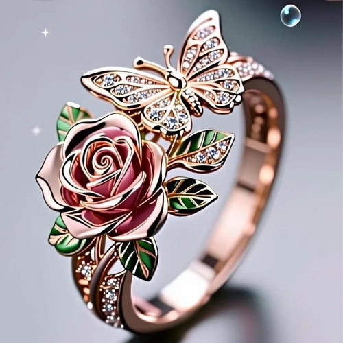 Adjustable butterfly ring with colourful oil drop finish and detailed floral insect leaf modelling