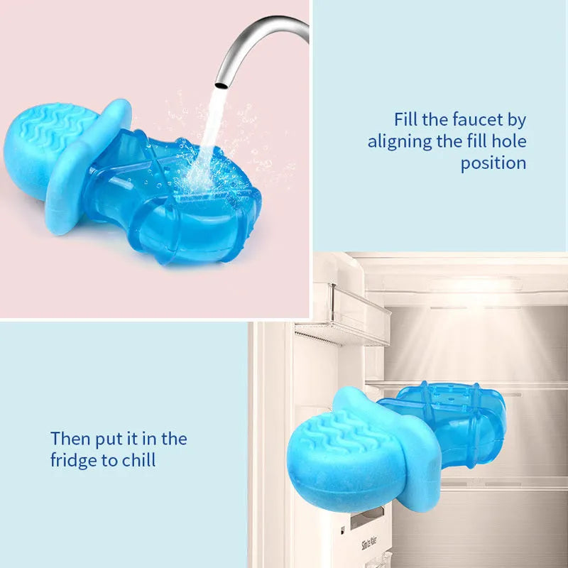 Set of three water-filled ice dog toys: a pacifier, a popsicle, and a ring cooling chew toy
