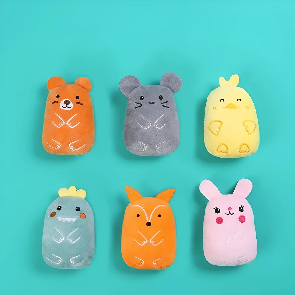 Compact plush catnip toy for teeth grinding and chewing, shown in one of six colour options