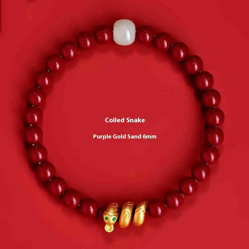 Handmade cinnabar snake zodiac bracelet with Chinese style beads in 6mm or 8mm sizes