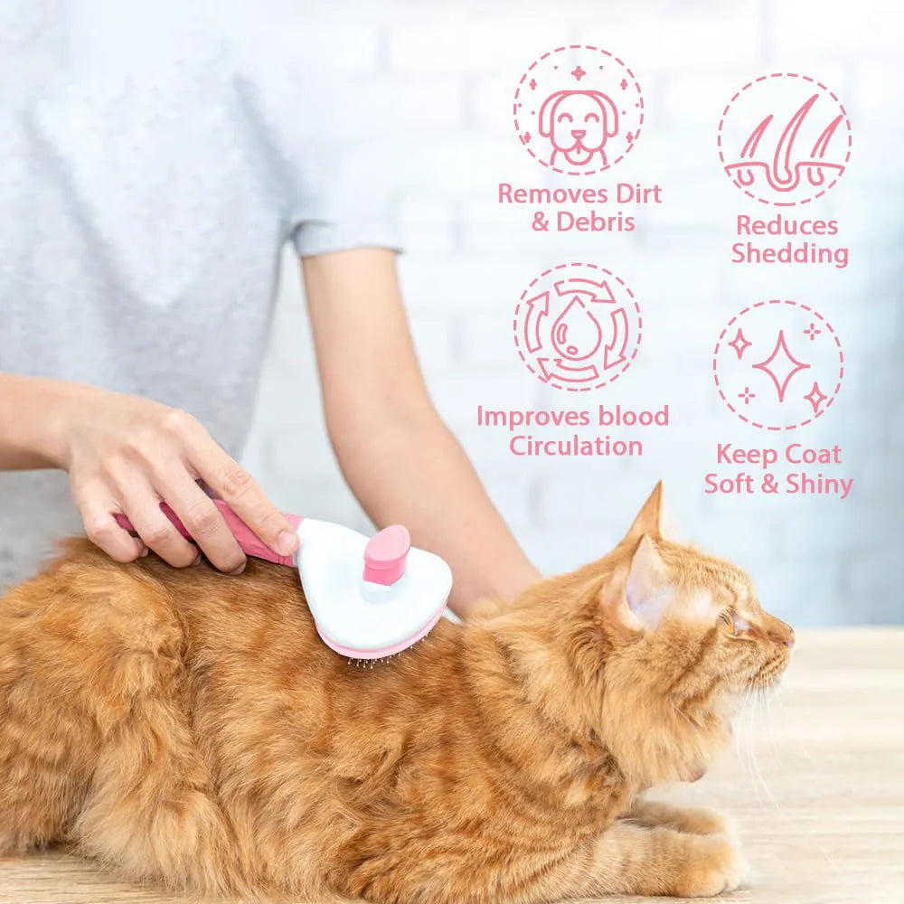 Cat grooming brush with release button in blue, grey, or pink with fine wire bristles