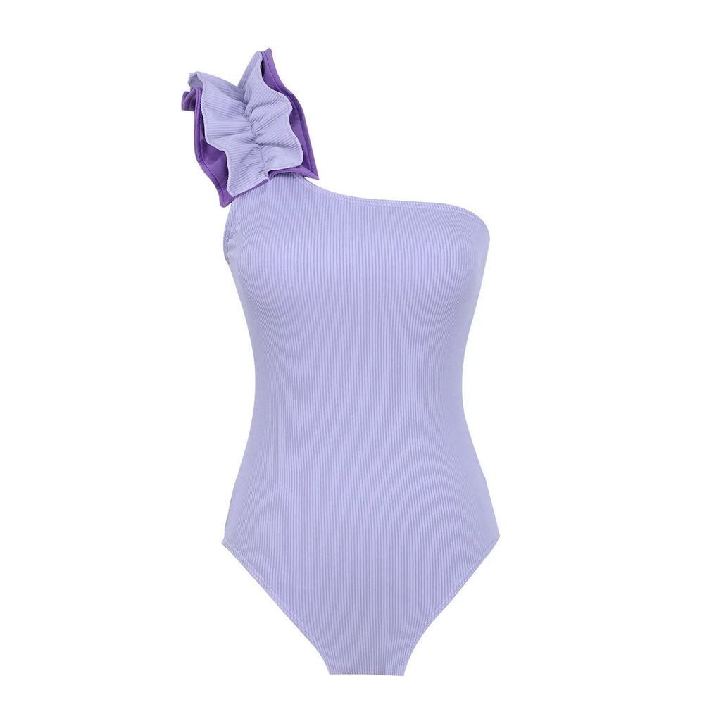 Women's solid colour single-shoulder two-piece swimsuit with high-waist bottoms on a mannequin.