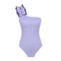 Women's solid colour single-shoulder two-piece swimsuit with high-waist bottoms on a mannequin.