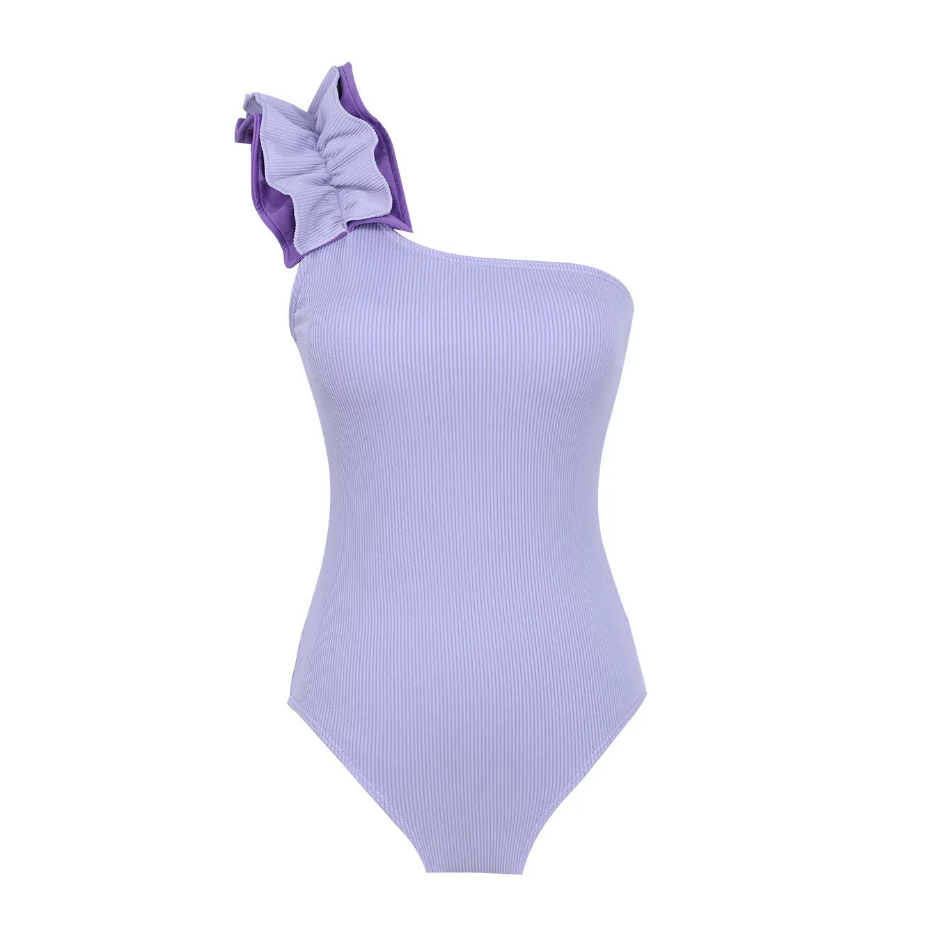 Women's solid colour single-shoulder two-piece swimsuit with high-waist bottoms on a mannequin.