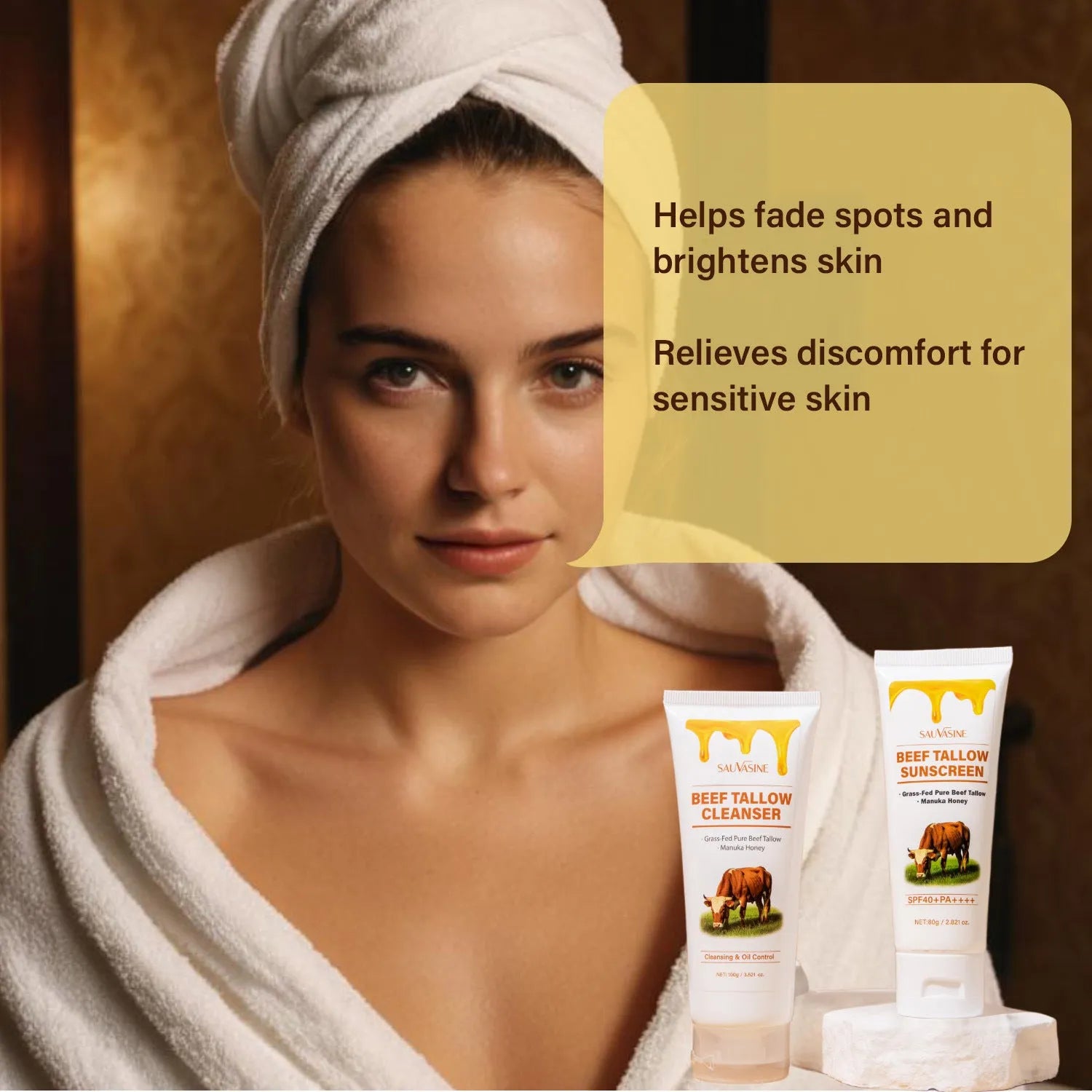 Seven-piece butter honey skincare set with facial cleanser, face cream, lipstick, protective cream, body lotion, facial scrub