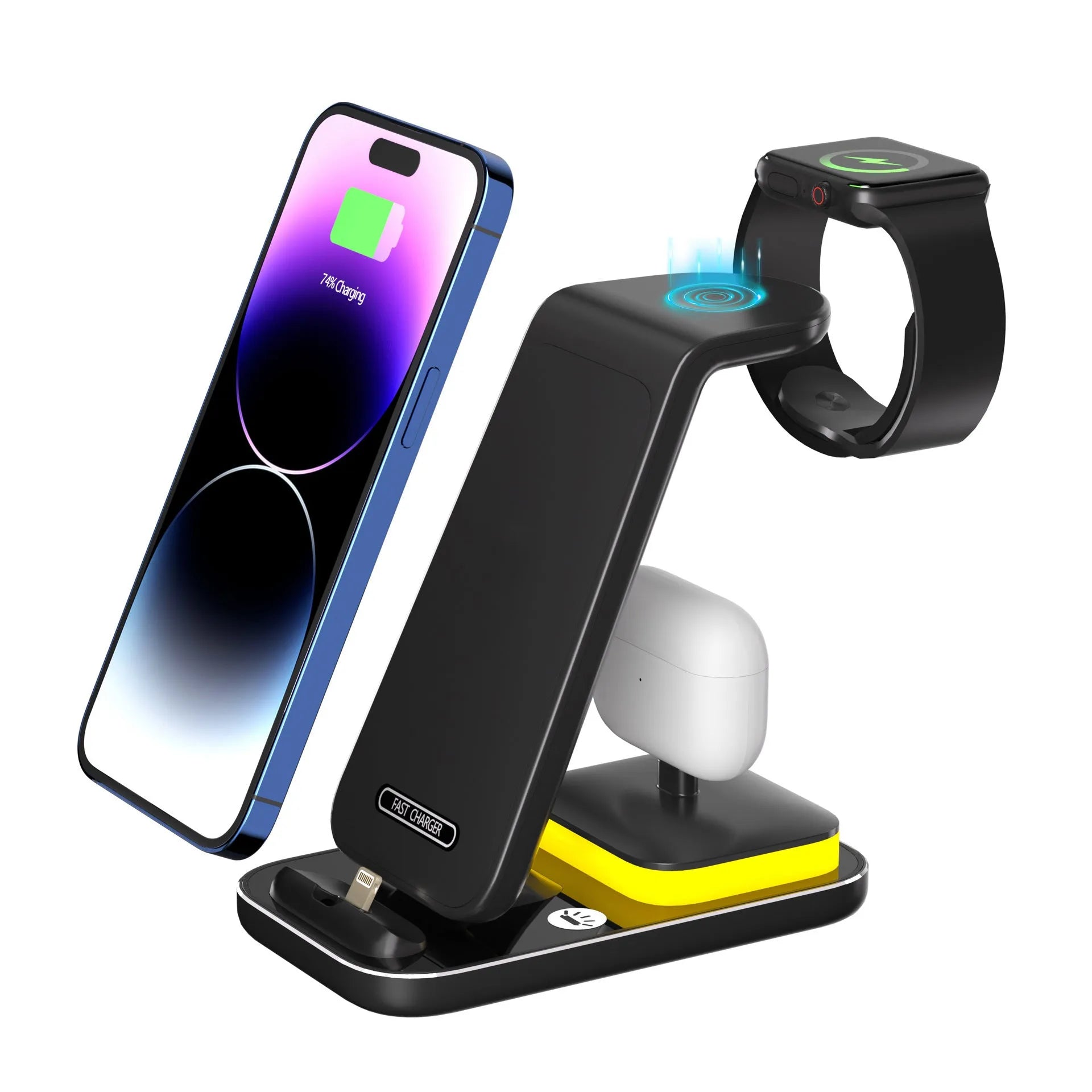 Black vertical wireless charging stand with phone, watch, and headset charging simultaneously