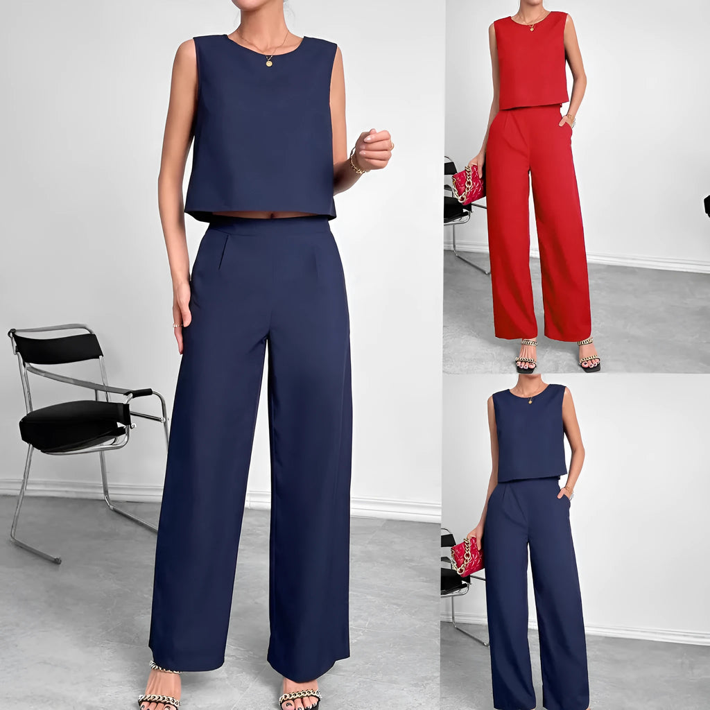 Red polyester two-piece women's set with sleeveless top and wide-leg trousers
