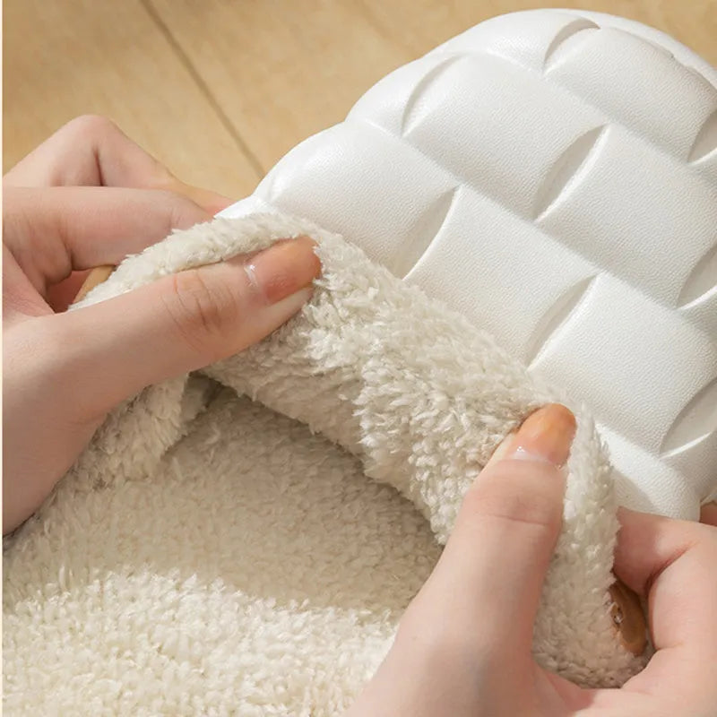 Plaid detachable slippers showing EVA construction and plush lining in pink, green, yellow, white, grey, or black.