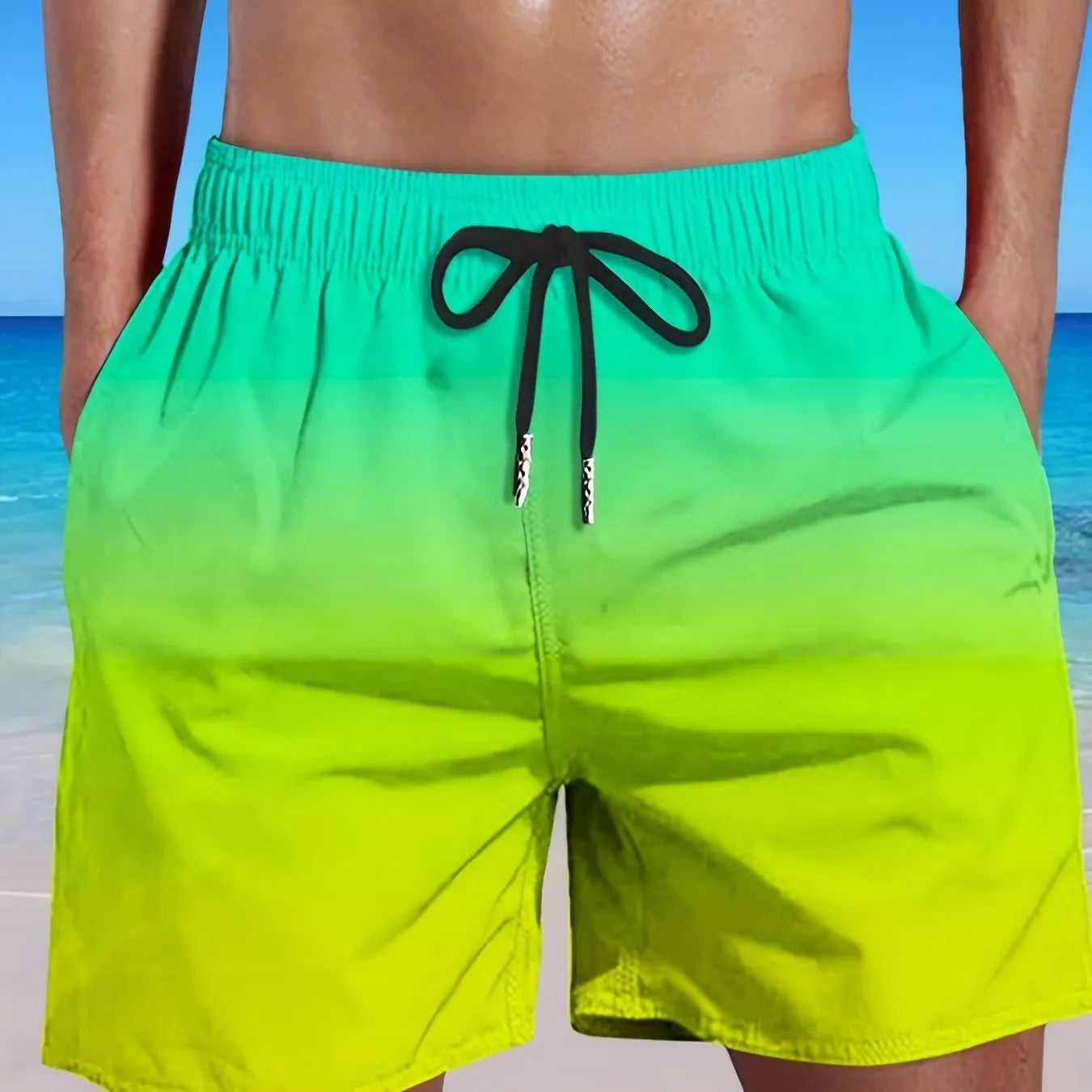 Men's gradient colour 3D printed mesh sports shorts showing elastic fabric and shorts length.