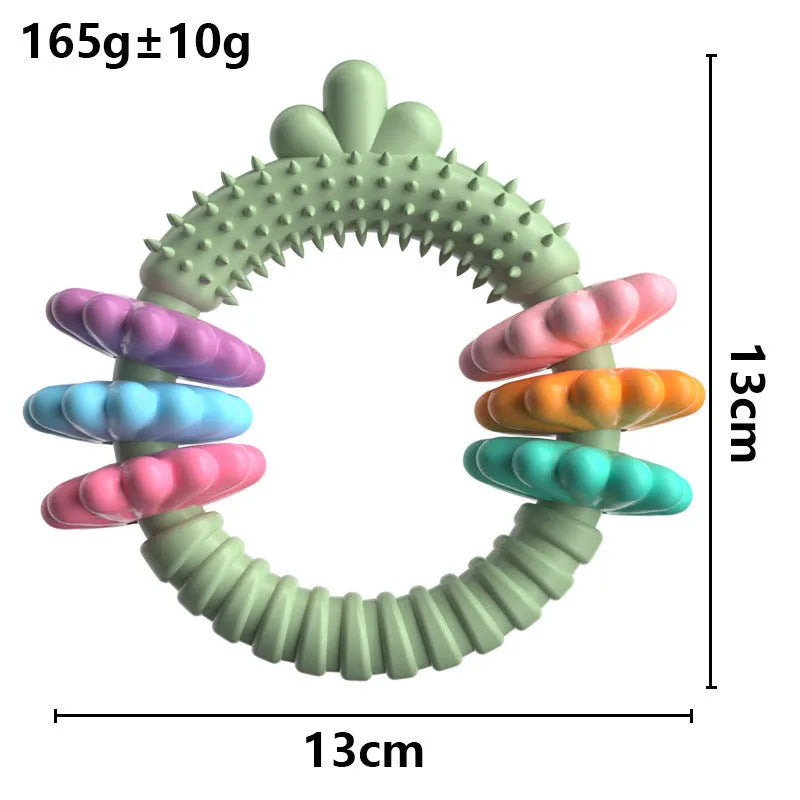 TPR dog chew toy for small dogs in blue, green, or pink colours with squeaky sound feature