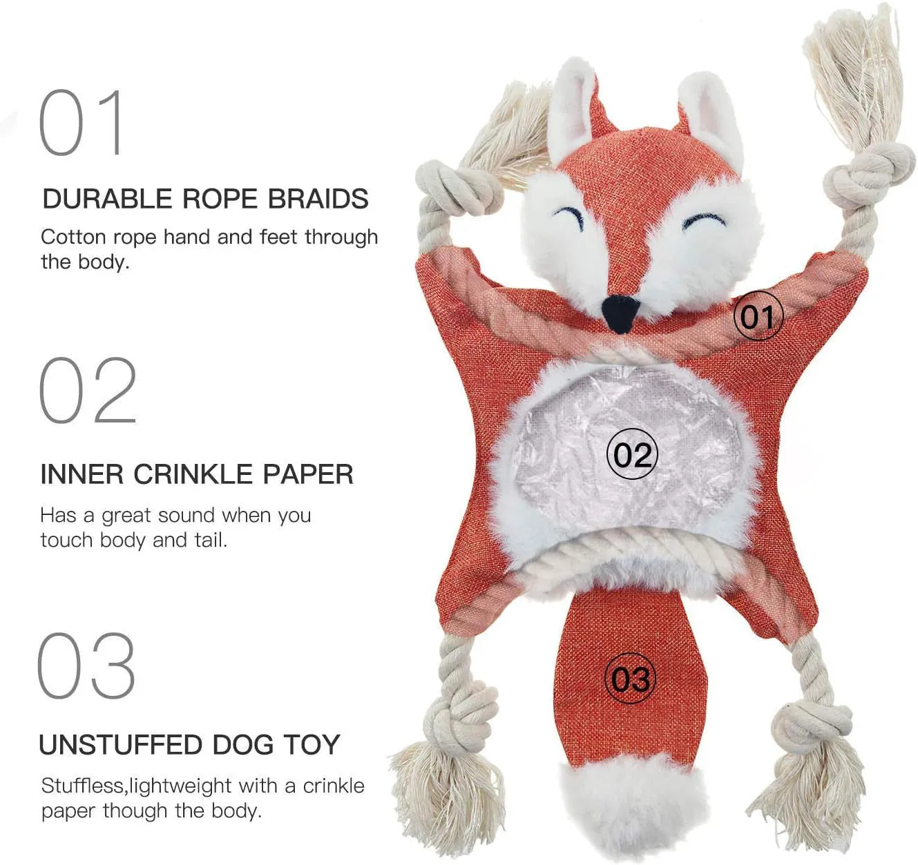 Brown fox-shaped dog toy with squeaker in head, crinkle paper body, and rope arms and legs