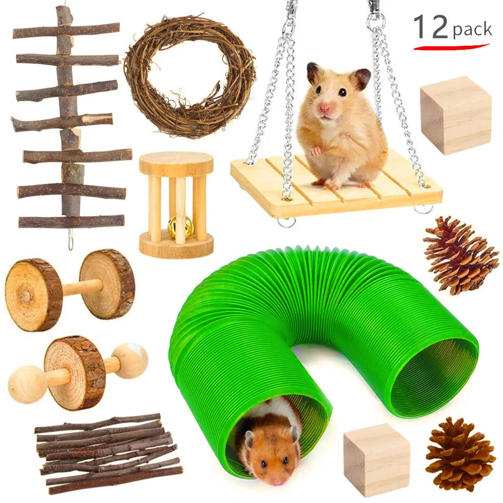 Assortment of wooden pet toys for rabbits guinea pigs and parrots in a set