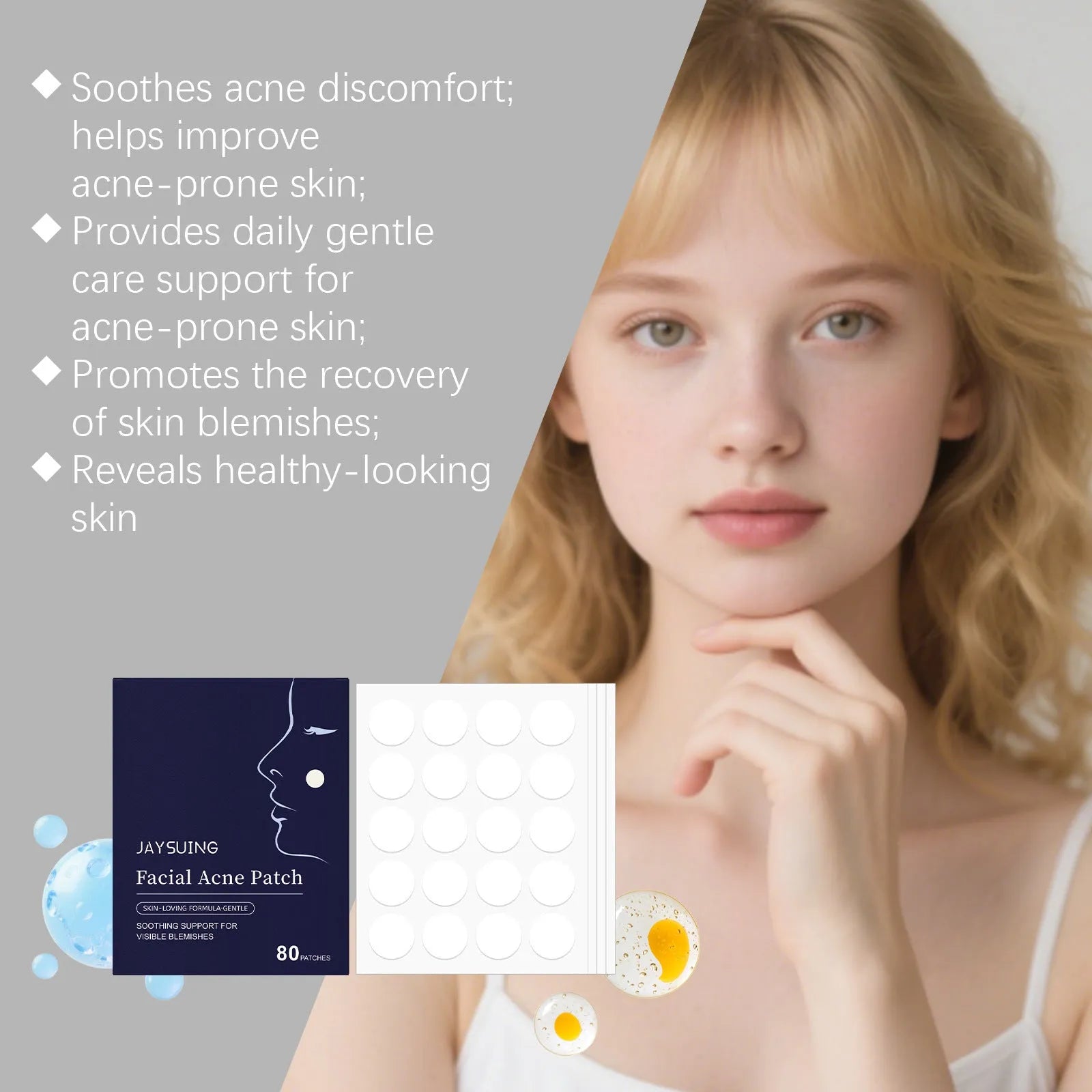 Pack of 80 hydrocolloid acne patches for facial spot treatment and blemish care