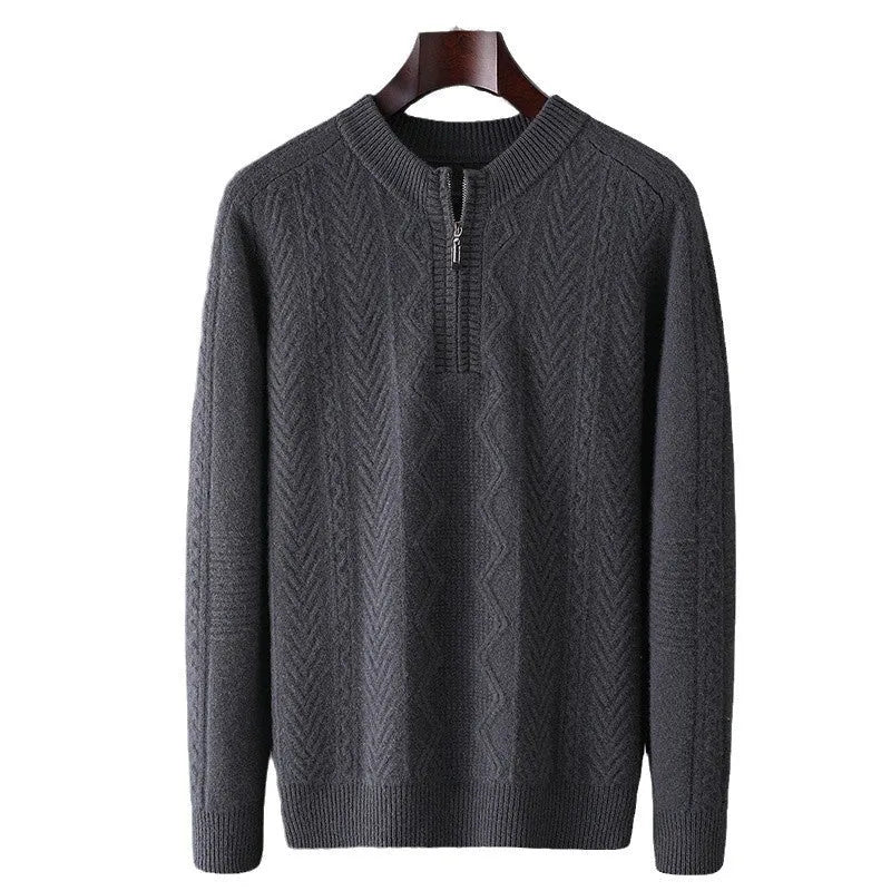 Men's pure wool half-zip sweater with diamond lattice pattern in milky white colour showing front view