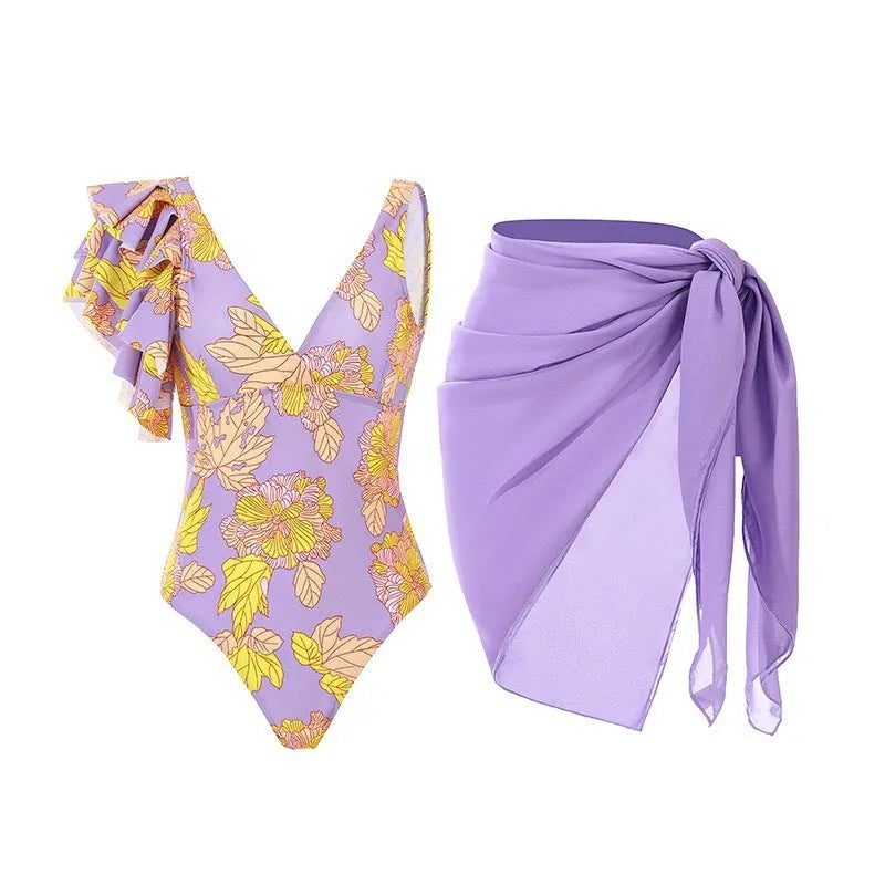 Women's solid colour one-piece swimsuit with spaghetti straps and matching skirt set