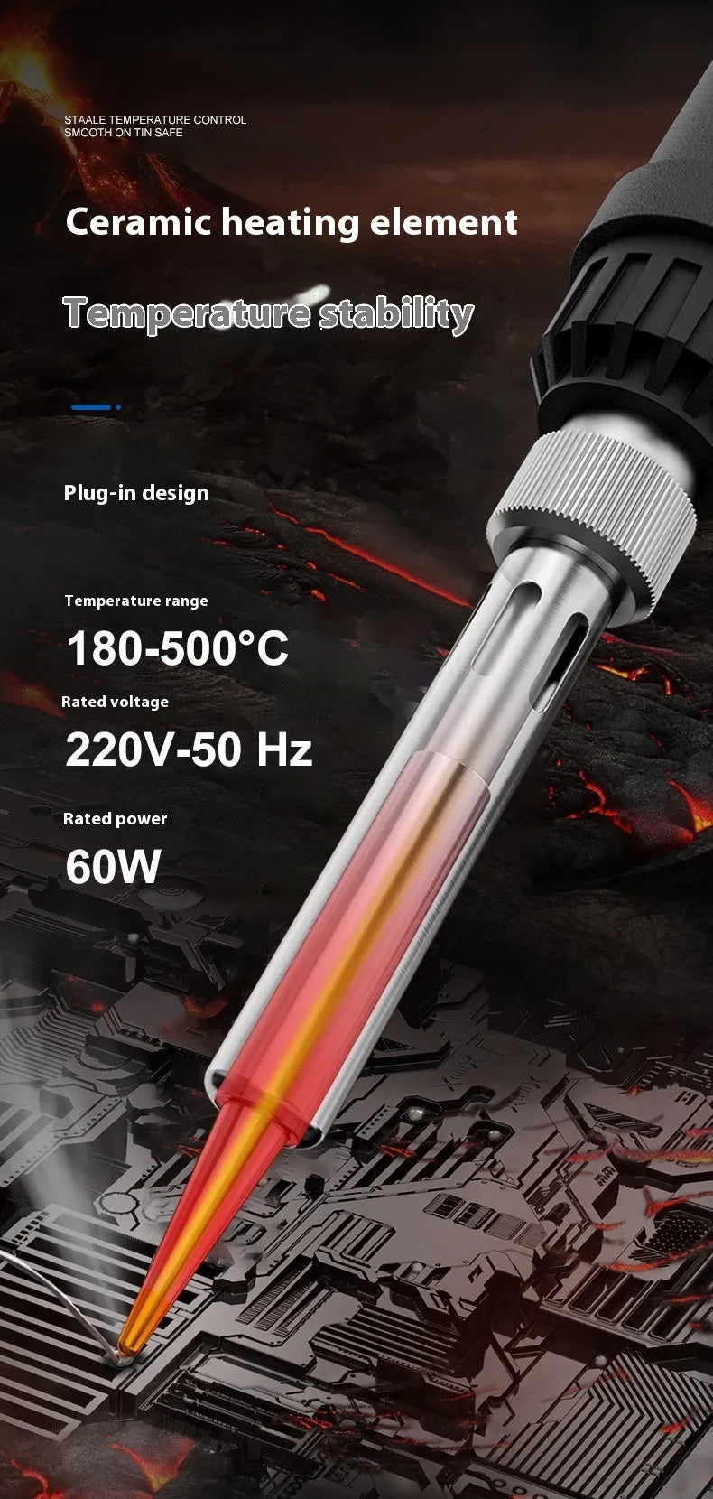 Gray 90W electric soldering iron with temperature display and five interchangeable tips