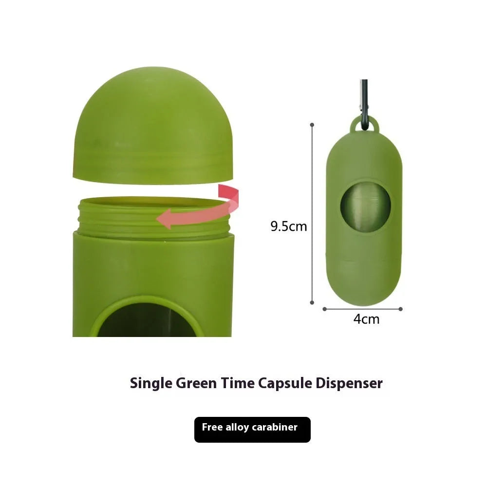 Degradable pet waste bags in green, black, blue, purple and orange colours with dispenser