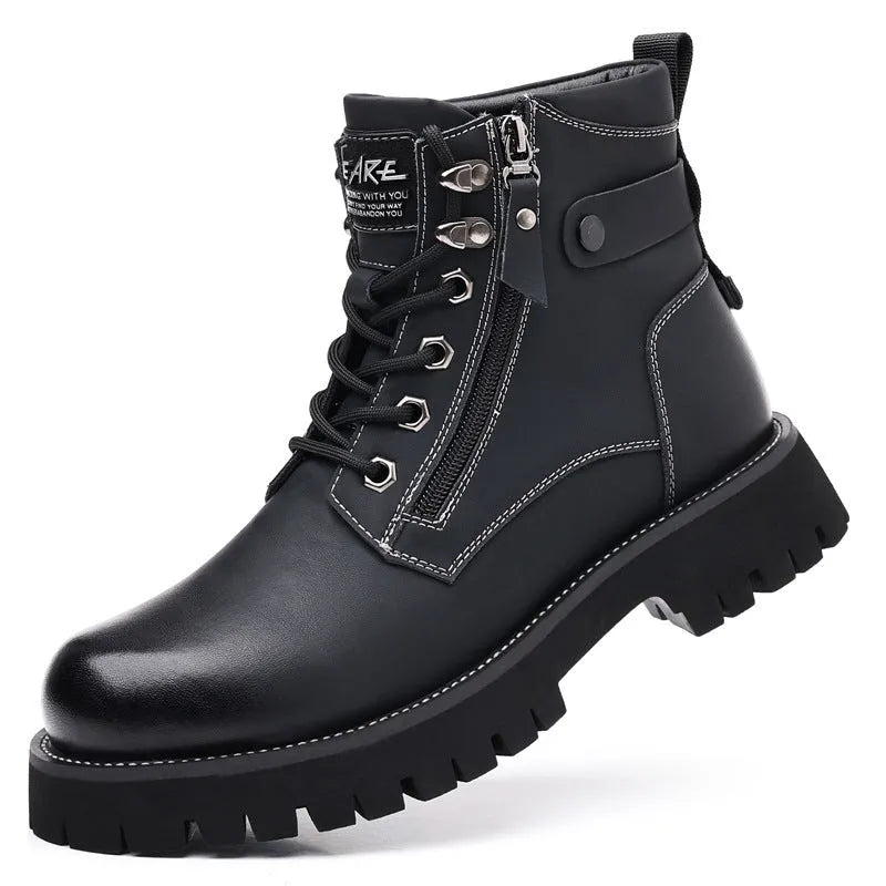 Men's brown high-top leather Martin boots with side zipper and mid heel
