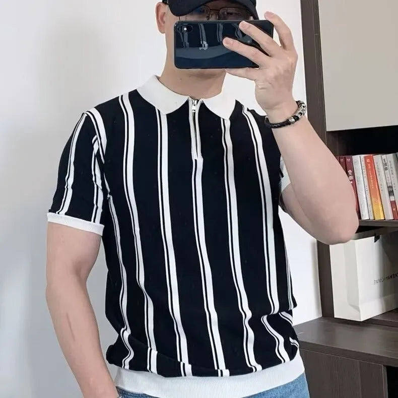 Korean style vintage stripe zipper half-sleeved casual t-shirt for men in loose fit black colour