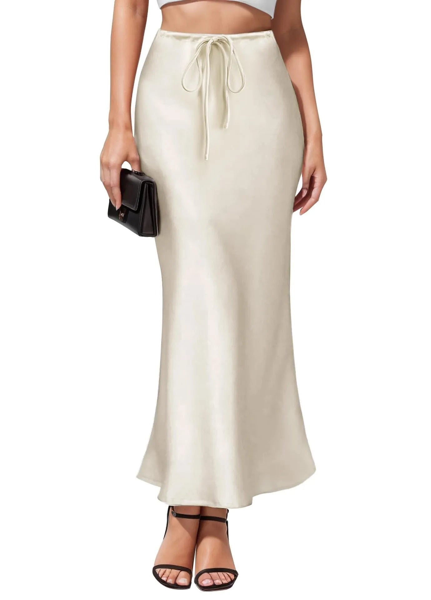 Asymmetric acetate satin skirt in milky white showing high waist design and irregular stitching detail
