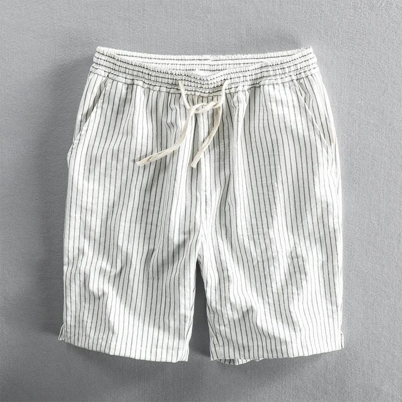 Men's striped cotton casual shorts in light blue with straight leg and mid waist design