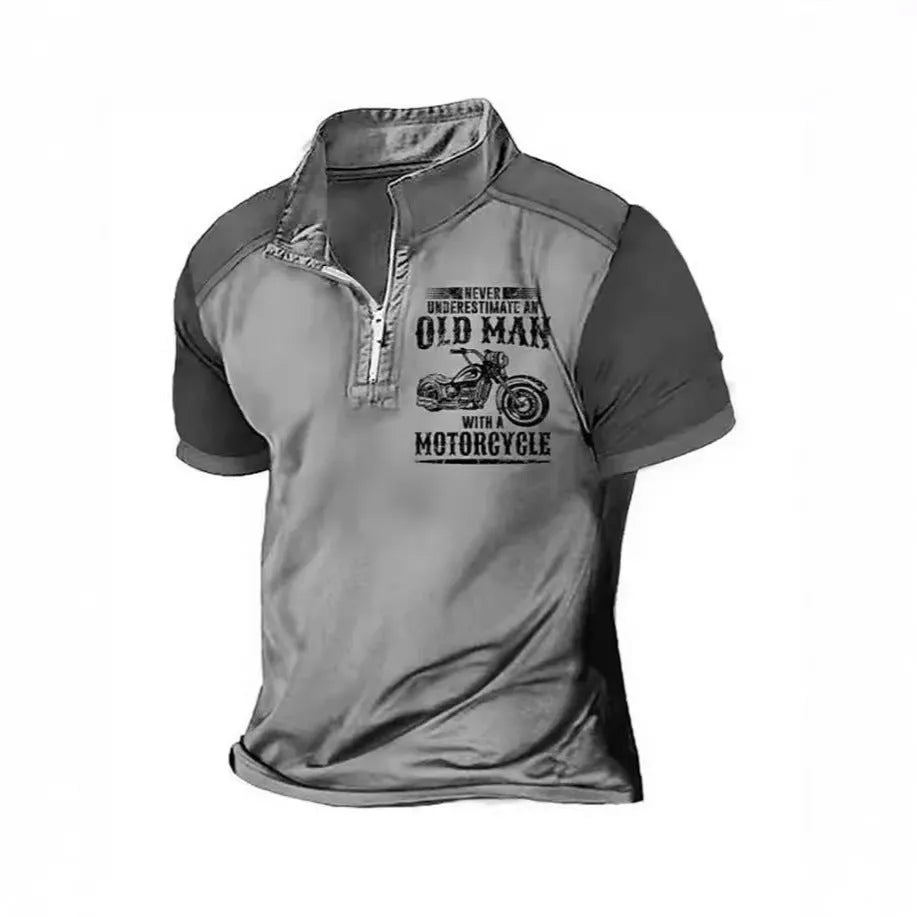 Men's casual polo shirt with digital letter print, lapel collar, and decorative zipper details on short sleeves.