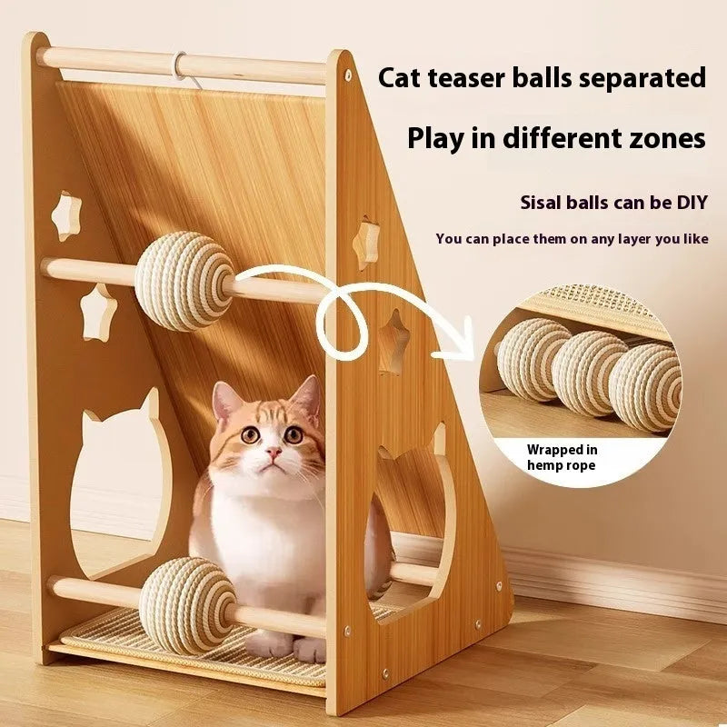 Vertical cat scratch board with hemp rope and sisal surface, wall-mounted design