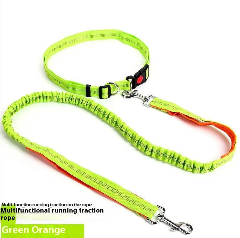 Grey and blue elastic dog leash with reflective sling for outdoor running.